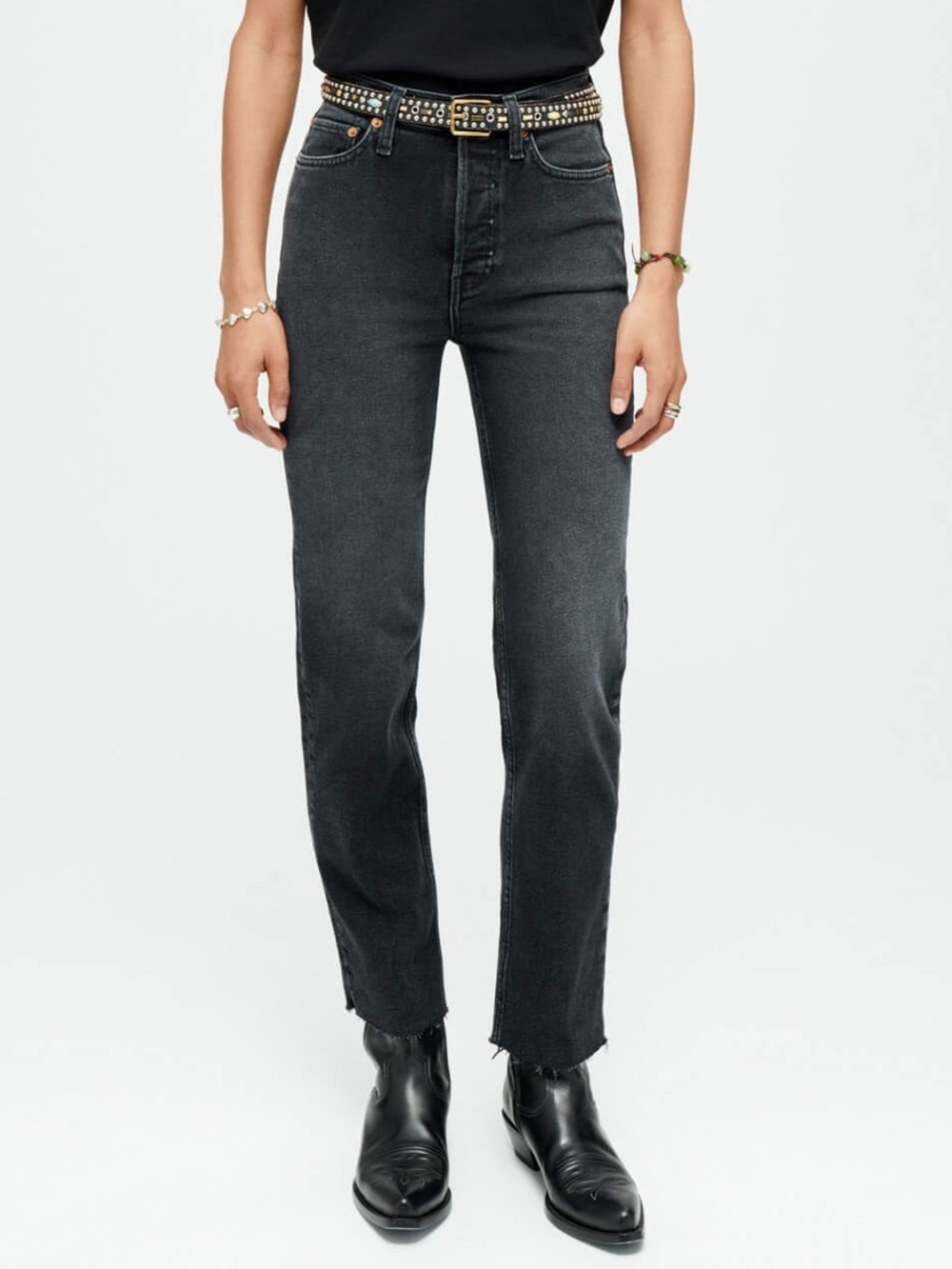 RE/DONE Originals High Rise Stove Pipe Jeans in Faded Black Wash Raw Hem Size 27